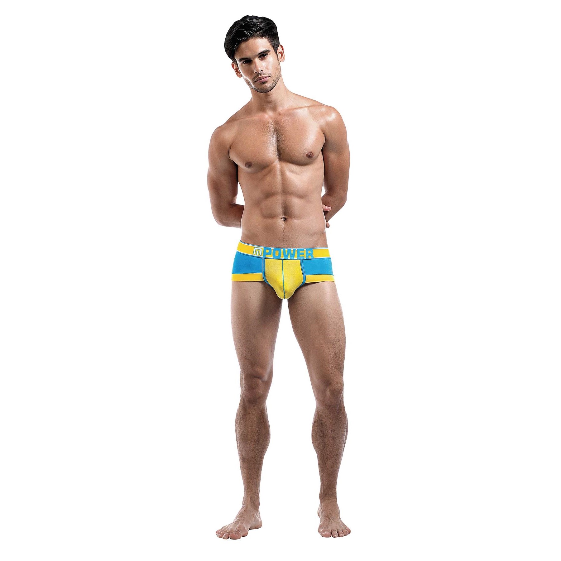 Futbol Fullback bikini on male model yellow turquoise